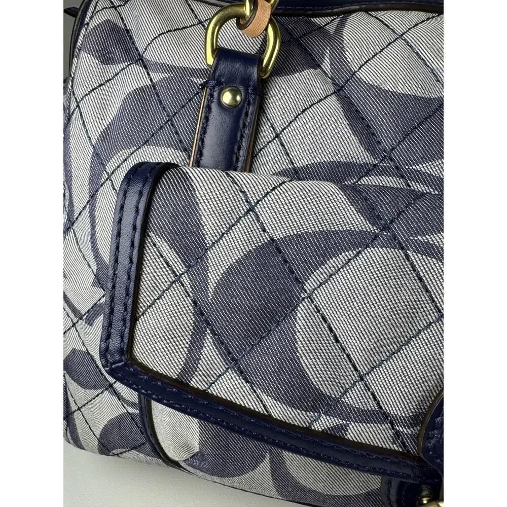 Coach Poppy Quilted Signature Denim Pocket Satchel 25072 Navy Leather 2Way Bag